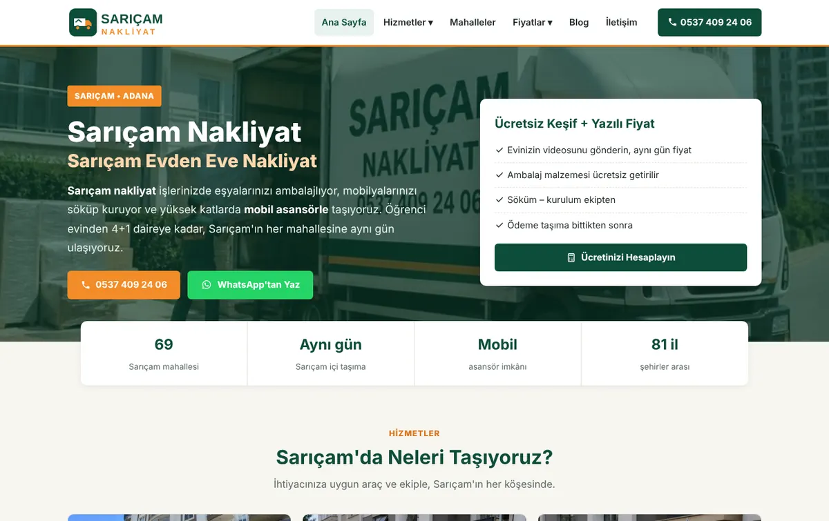 Sarıçam Nakliyat web sitesi anasayfası